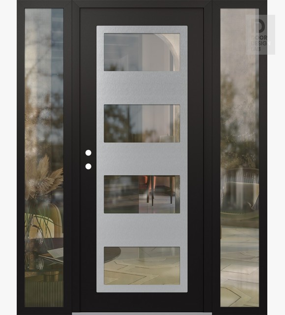 Modern Steel Front Door Diamond C2 60" x 80" black/black clear Glass Panel stainless steel RHI with 2 Sidelites clear Glass