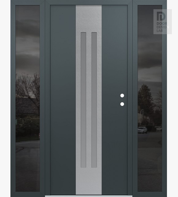 Modern Steel Front Door DIAMOND A8 64" X 80" ANTHRACITE/ANTHRACITE FROSTED GLASS PANEL STAINLESS STEEL LHI WITH 2 SIDELITES MIRRORED GLASS
