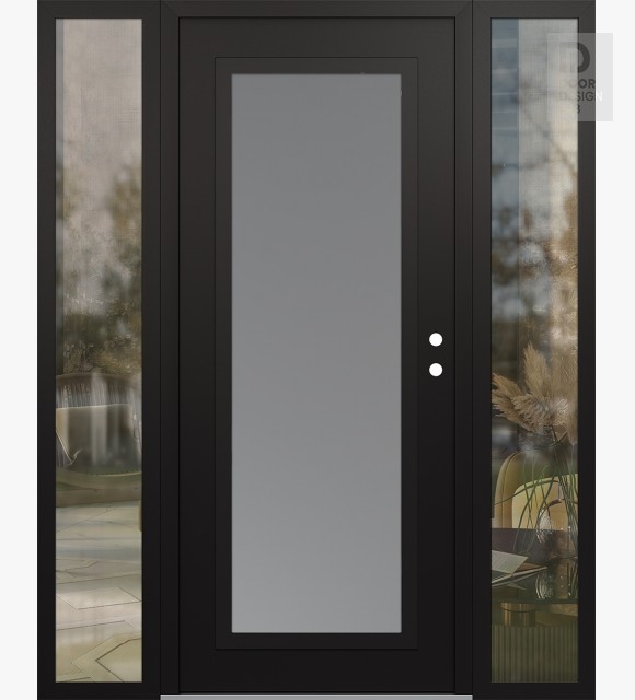 Modern Steel Front Door Diamond C1 64" x 80" black/white frosted Glass Panel black LHI with 2 Sidelites clear Glass