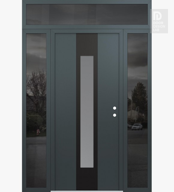 Modern Steel Front Door DIAMOND A1 68" X 96" ANTHRACITE/ANTHRACITE FROSTED GLASS PANEL BLACK LHI WITH 2 SIDELITES AND TRANSOM MIRRORED GLASS