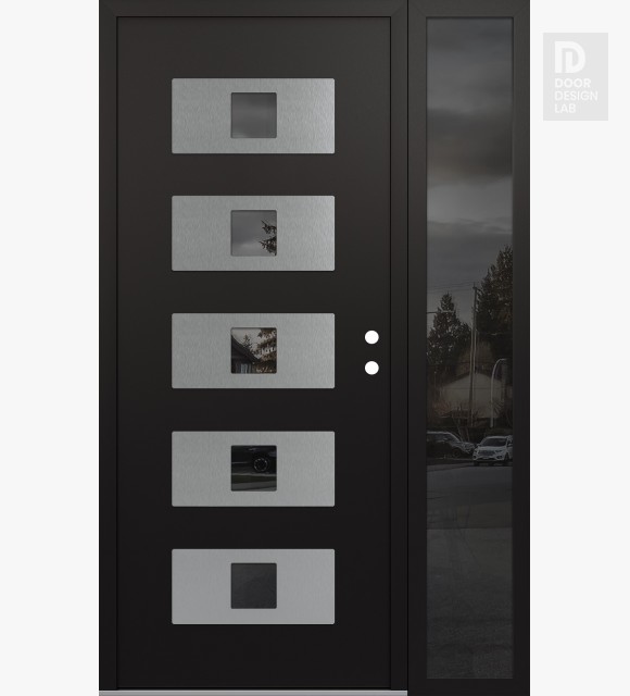 Modern Steel Front Door Diamond D8 52" x 80" black/black mirrored Glass Panel stainless steel LHI with Sidelite mirrored Glass