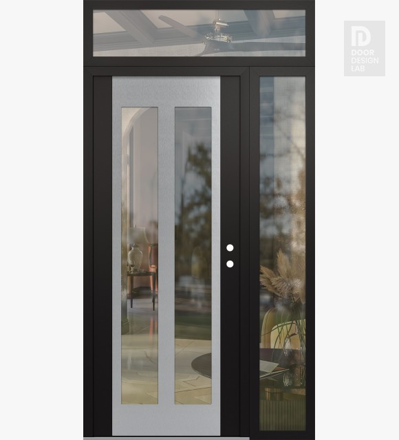 Modern Steel Front Door Diamond C14 52" x 96" black/black clear Glass Panel stainless steel LHI with Sidelite and Transom clear Glass