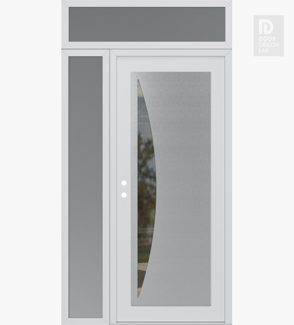 Modern Steel Front Door Diamond C13 50" x 96" white/white clear Glass Panel stainless steel RHI with Sidelite and Transom frosted Glass