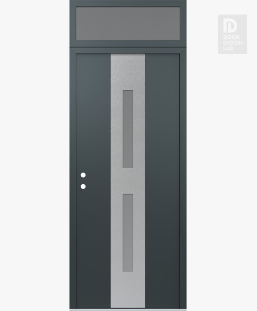 Modern Steel Front Door DIAMOND A6 36" X 96" ANTHRACITE/ANTHRACITE FROSTED GLASS PANEL STAINLESS STEEL RHI WITH TRANSOM FROSTED GLASS