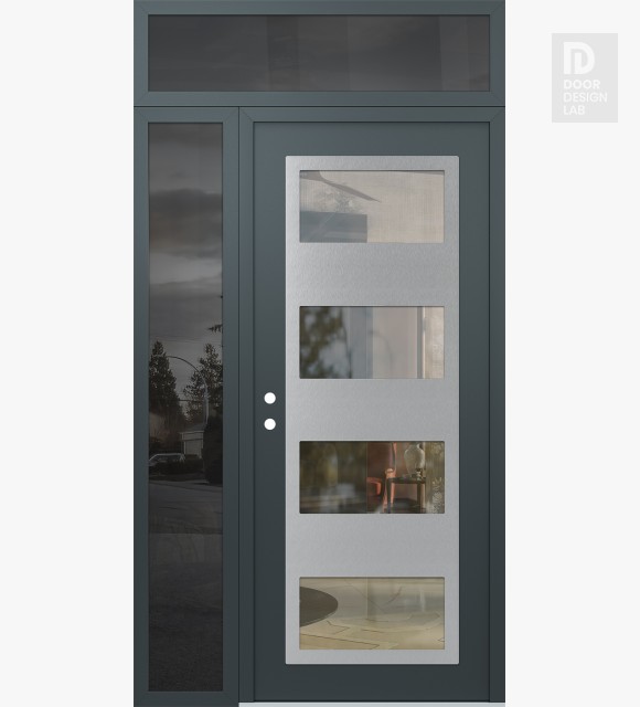 Modern Steel Front Door Diamond C2 52" x 96" anthracite/anthracite clear Glass Panel stainless steel RHI with Sidelite and Transom mirrored Glass