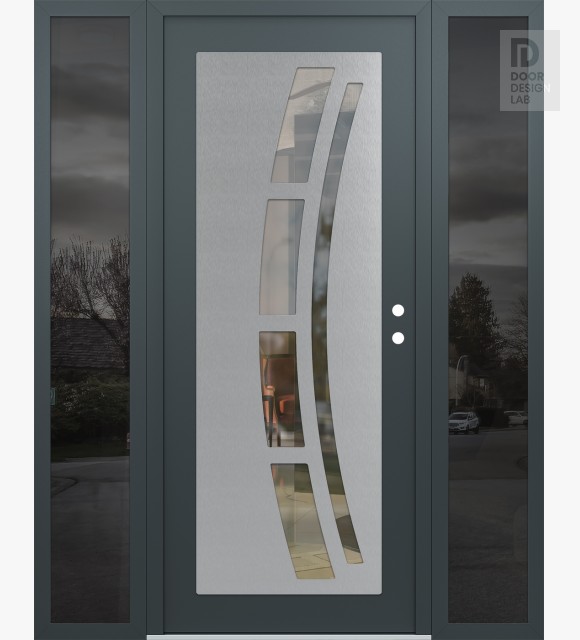 Modern Steel Front Door Diamond C12 68" x 80" anthracite/anthracite clear Glass Panel stainless steel LHI with 2 Sidelites mirrored Glass