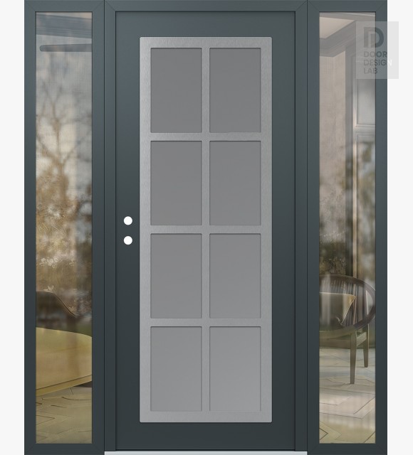 Modern Steel Front Door Diamond C16 60" x 80" anthracite/anthracite frosted Glass Panel stainless steel RHI with 2 Sidelites clear Glass