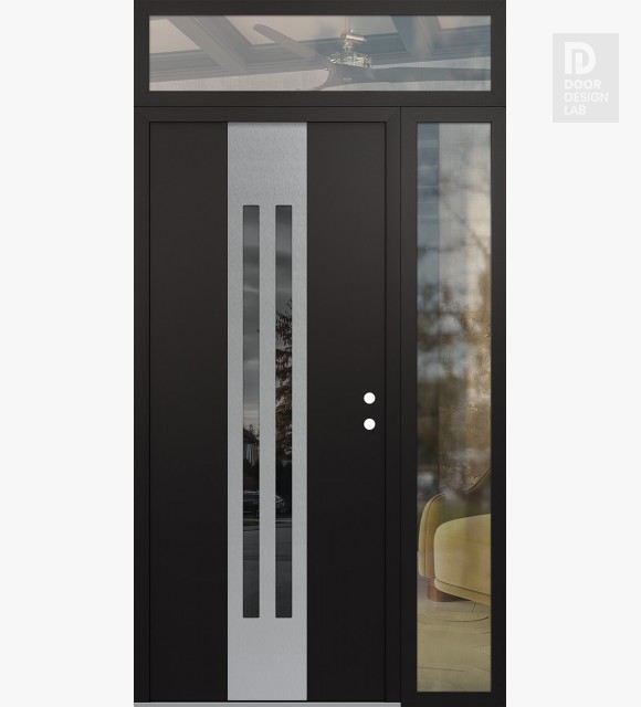 Modern Steel Front Door DIAMOND A8 50" X 96" BLACK/BLACK MIRRORED GLASS PANEL STAINLESS STEEL LHI WITH SIDELITE AND TRANSOM CLEAR GLASS