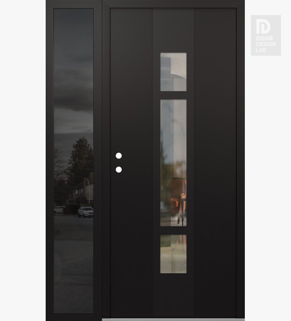 Modern Steel Front Door DIAMOND A9 50" X 80" BLACK/BLACK CLEAR GLASS PANEL BLACK RHI WITH SIDELITE MIRRORED GLASS