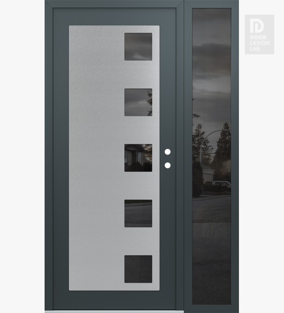 Modern Steel Front Door Diamond C5 48" x 80" anthracite/anthracite mirrored Glass Panel stainless steel LHI with Sidelite mirrored Glass