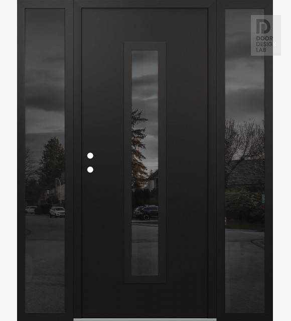 Modern Steel Front Door DIAMOND A11 68" X 80" BLACK/BLACK MIRRORED GLASS PANEL BLACK RHI WITH 2 SIDELITES MIRRORED GLASS