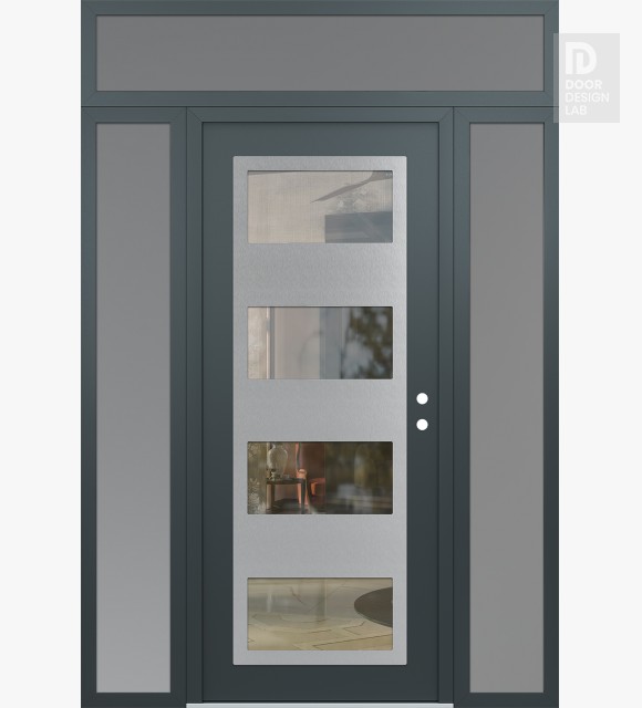Modern Steel Front Door Diamond C2 64" x 96" anthracite/anthracite clear Glass Panel stainless steel LHI with 2 Sidelites and Transom frosted Glass