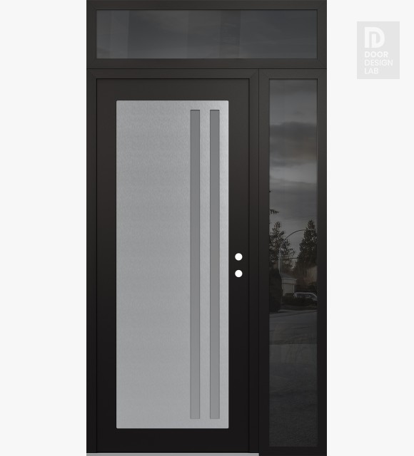 Modern Steel Front Door Diamond C6 52" x 96" black/white frosted Glass Panel stainless steel LHI with Sidelite and Transom mirrored Glass