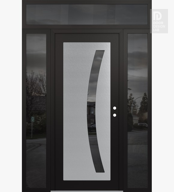 Modern Steel Front Door Diamond C4 64" x 96" black/black mirrored Glass Panel stainless steel LHI with 2 Sidelites and Transom mirrored Glass