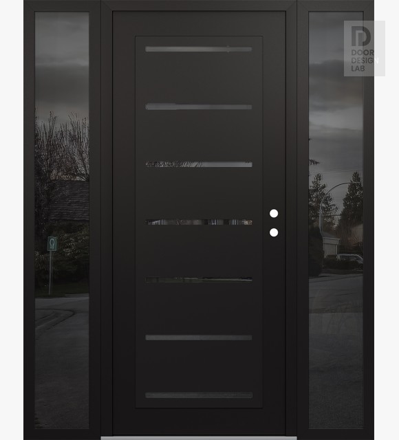 Modern Steel Front Door Diamond C11 68" x 80" black/black mirrored Glass Panel black LHI with 2 Sidelites mirrored Glass