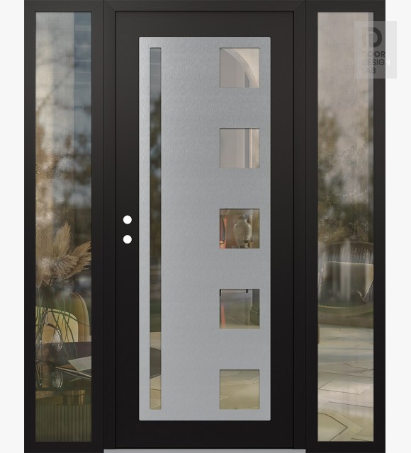 Modern Steel Front Door Diamond C3 64" x 80" black/black clear Glass Panel stainless steel RHI with 2 Sidelites clear Glass