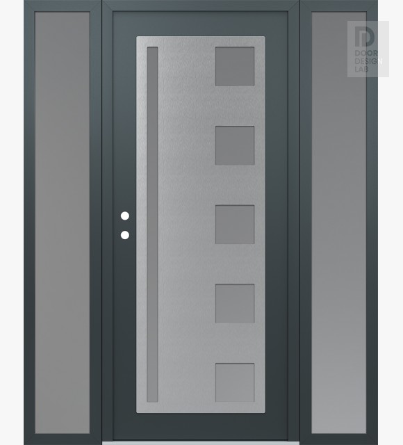 Modern Steel Front Door Diamond C3 64" x 80" anthracite/anthracite frosted Glass Panel stainless steel RHI with 2 Sidelites frosted Glass