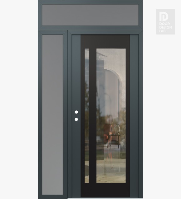 Modern Steel Front Door Diamond C15 52" x 96" anthracite/anthracite clear Glass Panel black RHI with Sidelite and Transom frosted Glass