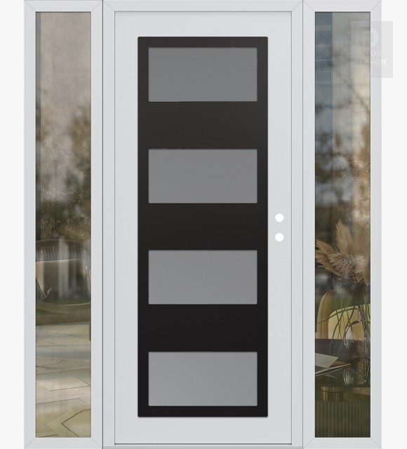 Modern Steel Front Door Diamond C2 64" x 80" white/white frosted Glass Panel black LHI with 2 Sidelites clear Glass