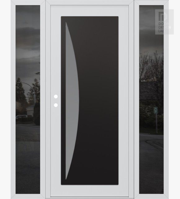 Modern Steel Front Door Diamond C13 68" x 80" white/white frosted Glass Panel black RHI with 2 Sidelites mirrored Glass
