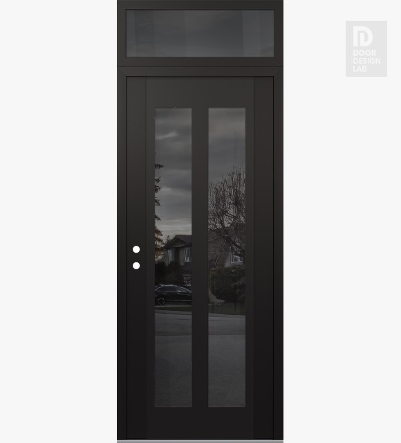 Modern Steel Front Door Diamond C14 36" x 96" black/black mirrored Glass Panel black RHI with Transom mirrored Glass