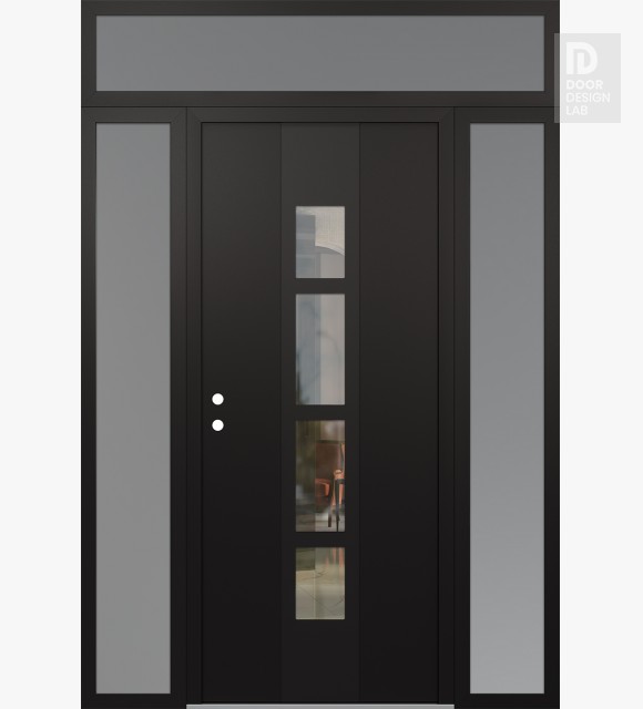 Modern Steel Front Door DIAMOND A10 60" X 96" BLACK/BLACK CLEAR GLASS PANEL BLACK RHI WITH 2 SIDELITES AND TRANSOM FROSTED GLASS