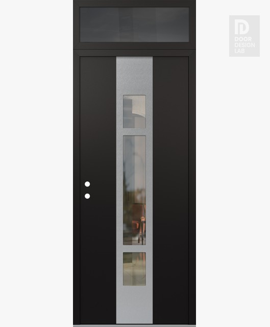 Modern Steel Front Door DIAMOND A9 36" X 96" BLACK/BLACK CLEAR GLASS PANEL STAINLESS STEEL RHI WITH TRANSOM MIRRORED GLASS
