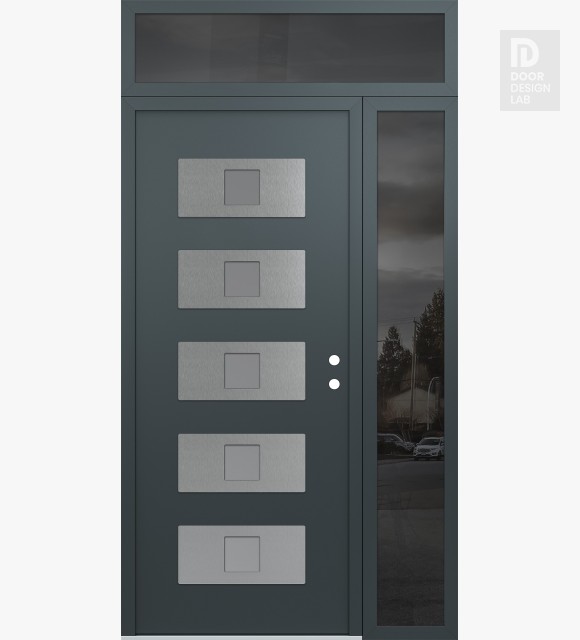 Modern Steel Front Door Diamond D8 52" x 96" anthracite/anthracite frosted Glass Panel stainless steel LHI with Sidelite and Transom mirrored Glass