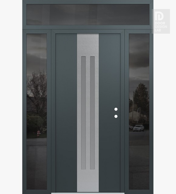 Modern Steel Front Door DIAMOND A8 64" X 96" ANTHRACITE/ANTHRACITE FROSTED GLASS PANEL STAINLESS STEEL LHI WITH 2 SIDELITES AND TRANSOM MIRRORED GLASS