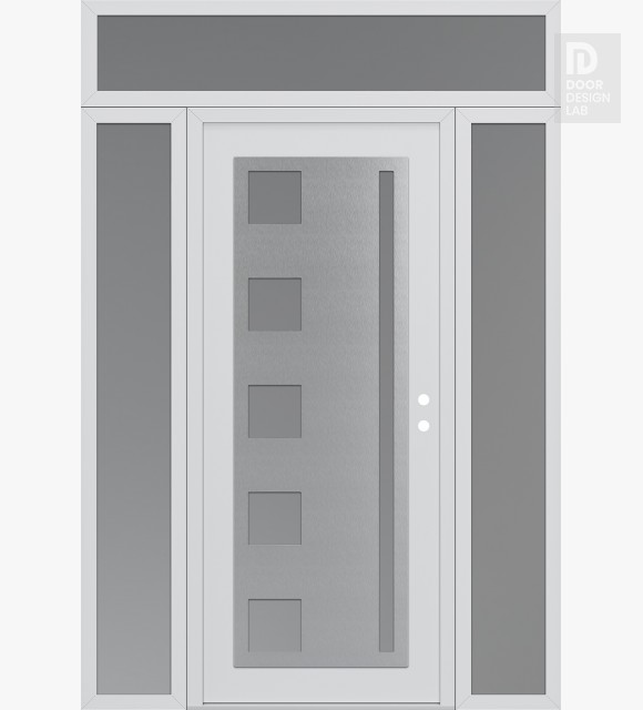 Modern Steel Front Door Diamond C3 68" x 96" white/white frosted Glass Panel stainless steel LHI with 2 Sidelites and Transom frosted Glass