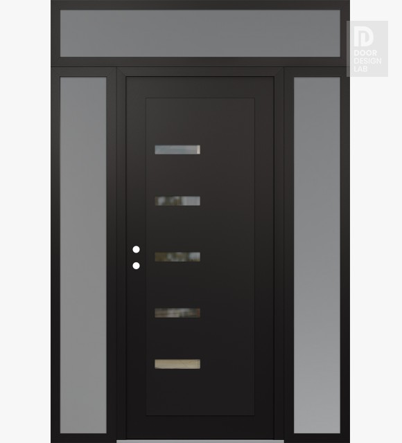 Modern Steel Front Door Diamond C8 60" x 96" black/black clear Glass Panel black RHI with 2 Sidelites and Transom frosted Glass