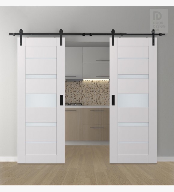 DOUBLE BARN DOOR AVON 07-03 VETRO SNOW WHITE 56" X 96" X 1 3/4" BLACK HARDWARE