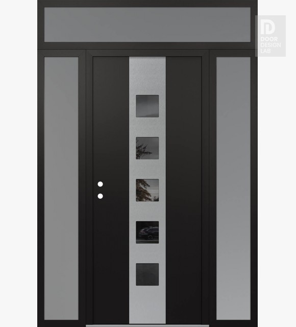 Modern Steel Front Door DIAMOND A13 68" X 96" BLACK/BLACK MIRRORED GLASS PANEL STAINLESS STEEL RHI WITH 2 SIDELITES AND TRANSOM FROSTED GLASS