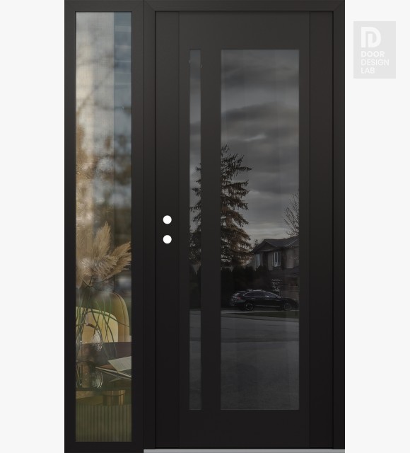 Modern Steel Front Door Diamond C15 50" x 80" black/black mirrored Glass Panel black RHI with Sidelite clear Glass