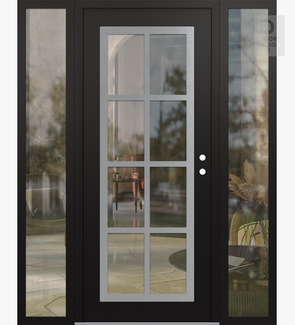 Modern Steel Front Door Diamond C16 64" x 80" black/black clear Glass Panel stainless steel LHI with 2 Sidelites clear Glass
