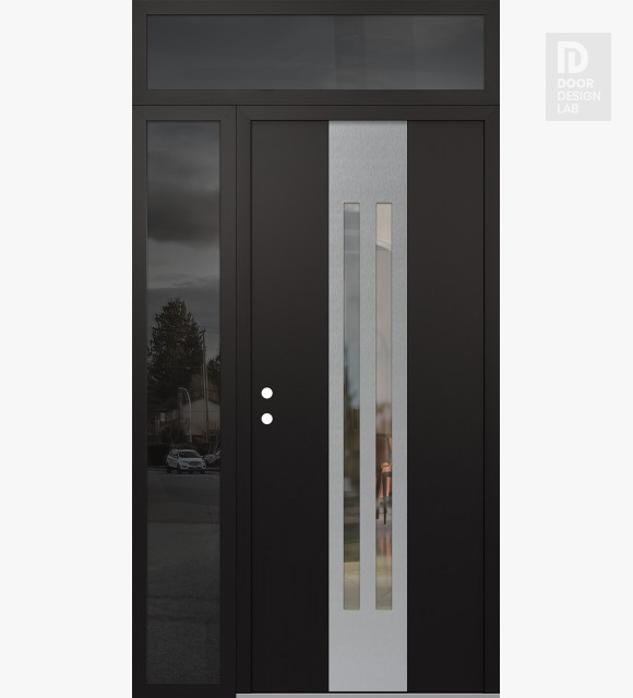 Modern Steel Front Door DIAMOND A8 52" X 96" BLACK/BLACK CLEAR GLASS PANEL STAINLESS STEEL RHI WITH SIDELITE AND TRANSOM MIRRORED GLASS