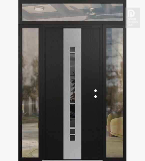 Modern Steel Front Door DIAMOND A3 68" X 96" BLACK/BLACK MIRRORED GLASS PANEL STAINLESS STEEL LHI WITH 2 SIDELITES AND TRANSOM CLEAR GLASS