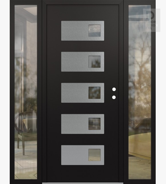 Modern Steel Front Door Diamond D2 60" x 80" black/black clear Glass Panel stainless steel LHI with 2 Sidelites clear Glass