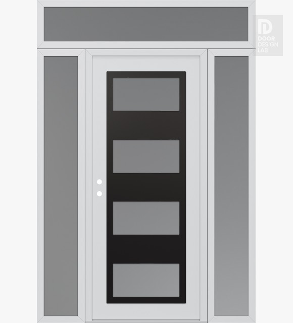 Modern Steel Front Door Diamond C2 60" x 96" white/white frosted Glass Panel black RHI with 2 Sidelites and Transom frosted Glass