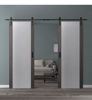 DOUBLE BARN DOOR PALLADIO 202 VETRO GRAY OAK 72" X 80" X 1 9/16" TEMPERED FROSTED GLASS BLACK HARDWARE