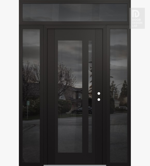 Modern Steel Front Door Diamond C15 60" x 96" black/black mirrored Glass Panel black LHI with 2 Sidelites and Transom mirrored Glass