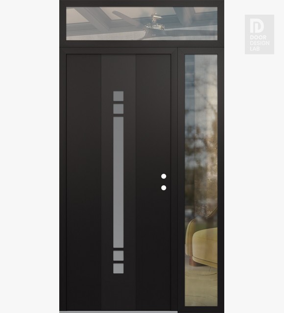 Modern Steel Front Door DIAMOND A4 50" X 96" BLACK/WHITE FROSTED GLASS PANEL BLACK LHI WITH SIDELITE AND TRANSOM CLEAR GLASS