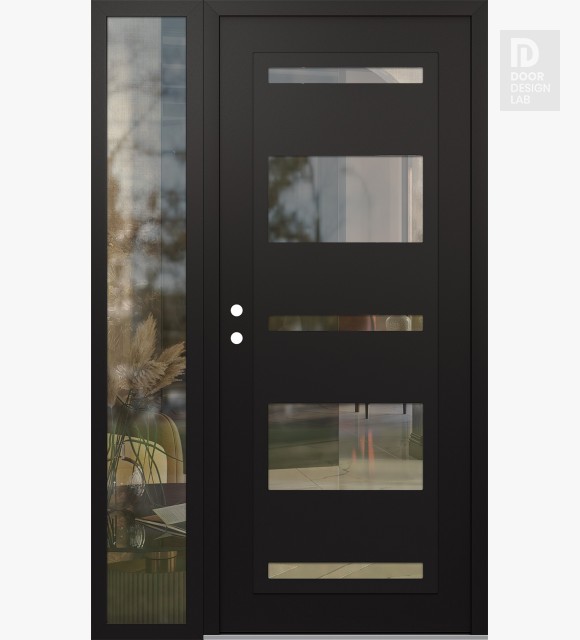 Modern Steel Front Door Diamond C10 52" x 80" black/black clear Glass Panel black RHI with Sidelite clear Glass