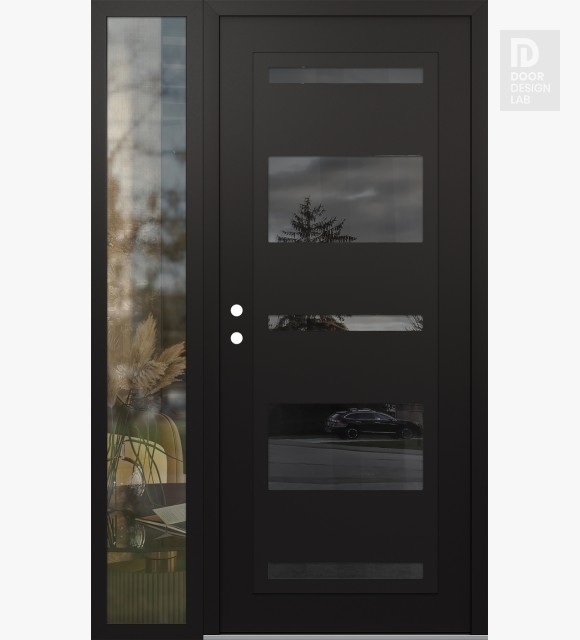 Modern Steel Front Door Diamond C10 48" x 80" black/black mirrored Glass Panel black RHI with Sidelite clear Glass