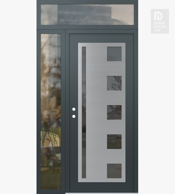 Modern Steel Front Door Diamond C3 48" x 96" anthracite/anthracite mirrored Glass Panel stainless steel RHI with Sidelite and Transom clear Glass