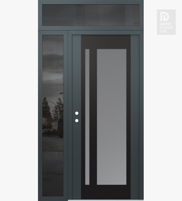 Modern Steel Front Door Diamond C15 50" x 96" anthracite/anthracite frosted Glass Panel black RHI with Sidelite and Transom mirrored Glass