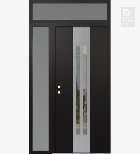Modern Steel Front Door DIAMOND A8 48" X 96" BLACK/BLACK CLEAR GLASS PANEL STAINLESS STEEL RHI WITH SIDELITE AND TRANSOM FROSTED GLASS