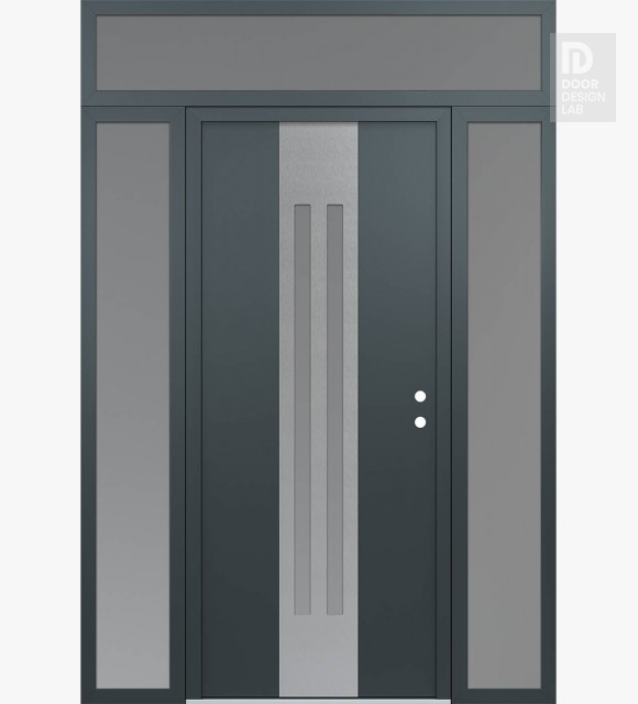Modern Steel Front Door DIAMOND A8 60" X 96" ANTHRACITE/ANTHRACITE FROSTED GLASS PANEL STAINLESS STEEL LHI WITH 2 SIDELITES AND TRANSOM FROSTED GLASS