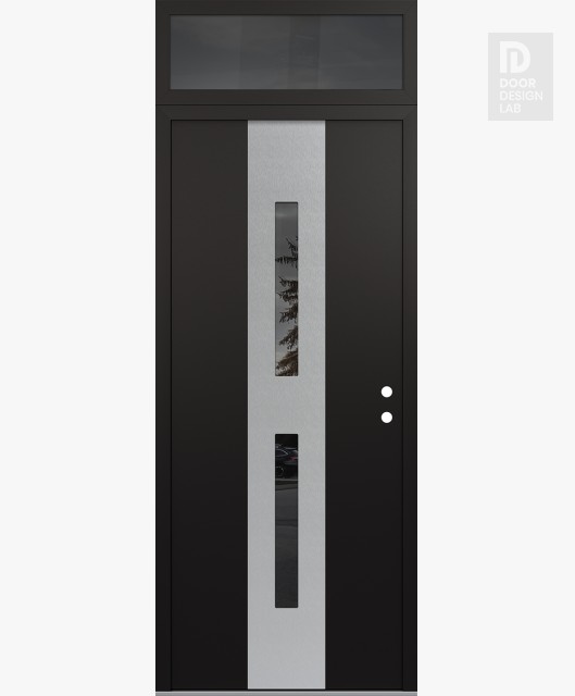 Modern Steel Front Door DIAMOND A6 36" X 96" BLACK/BLACK MIRRORED GLASS PANEL STAINLESS STEEL LHI WITH TRANSOM MIRRORED GLASS