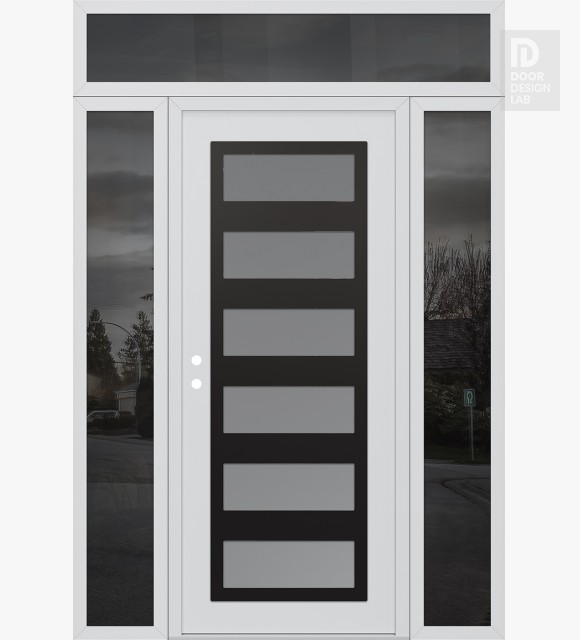Modern Steel Front Door Diamond C9 68" x 96" white/white frosted Glass Panel black RHI with 2 Sidelites and Transom mirrored Glass
